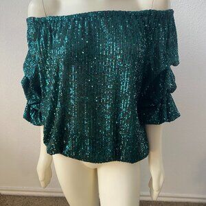 Cece Women's Emerald Green Off Shoulder Sequin Blouse Top BOHO Size L